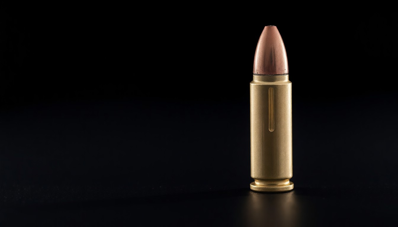 An extreme close-up photograph of a single 9mm bullet casing on a dark background, the harsh lighting and shallow depth of field creating a gritty, investigative aesthetic that conceptually represents the gravity of a student bringing a loaded gun to school.