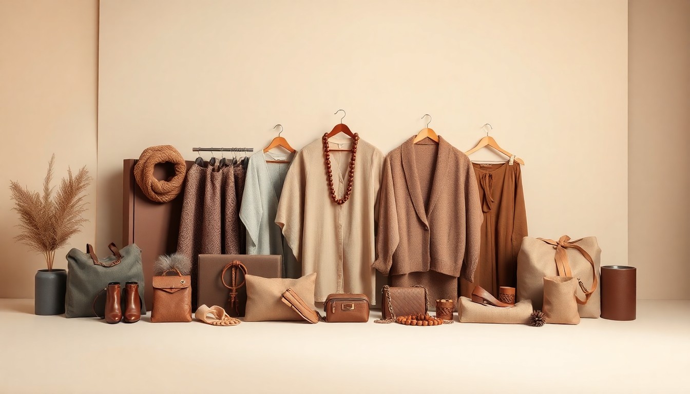A minimalist, high-end studio still life photograph featuring a neatly arranged display of premium women's clothing items and accessories in muted earth tones, conceptually representing the refined aesthetic and brand of the Dakota Chappy store.