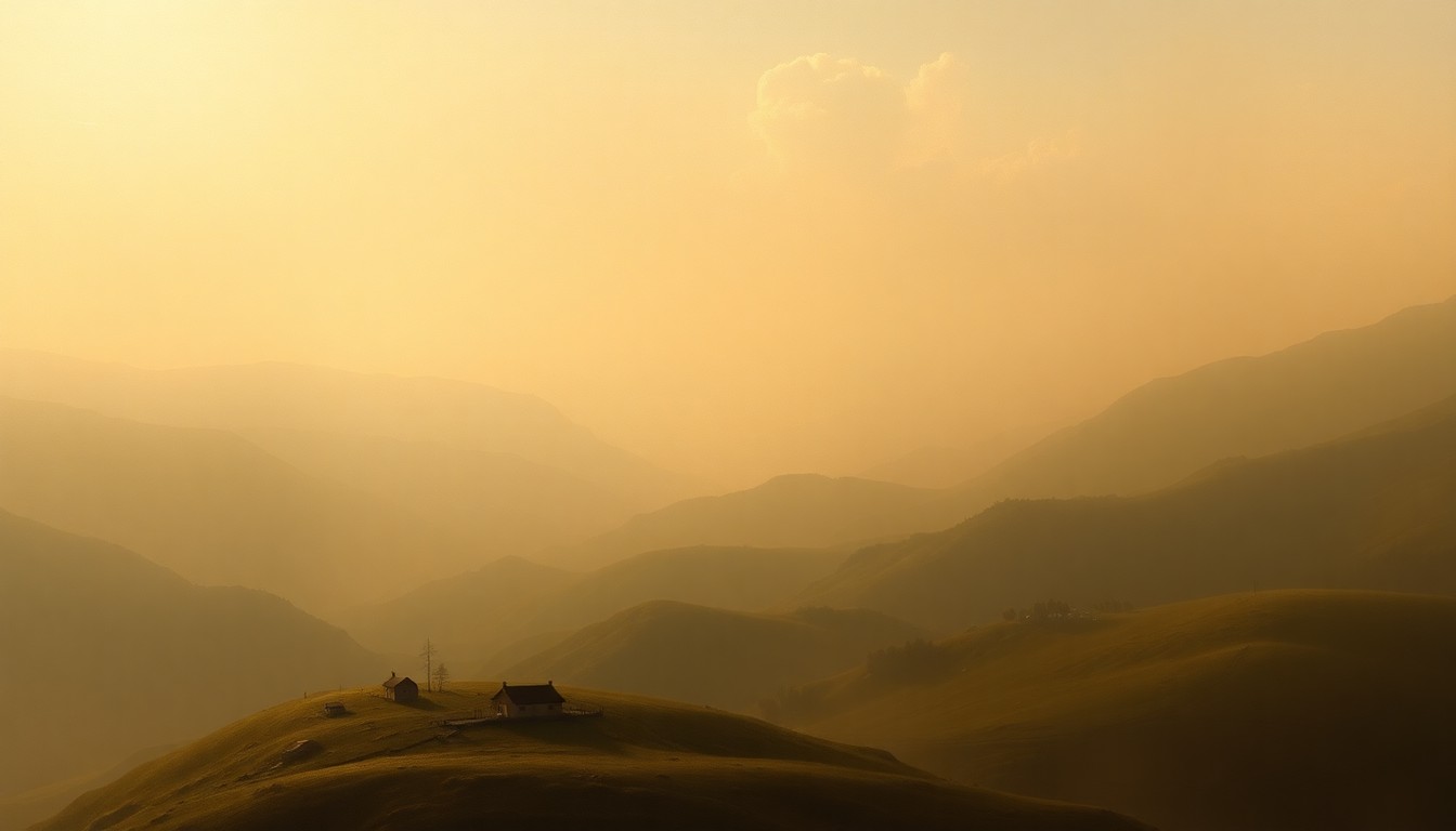 A sweeping, atmospheric landscape painting in muted earth tones, with distant hills and mountains shrouded in a warm, golden haze, conveying a sense of the overwhelming scale and power of the natural world.