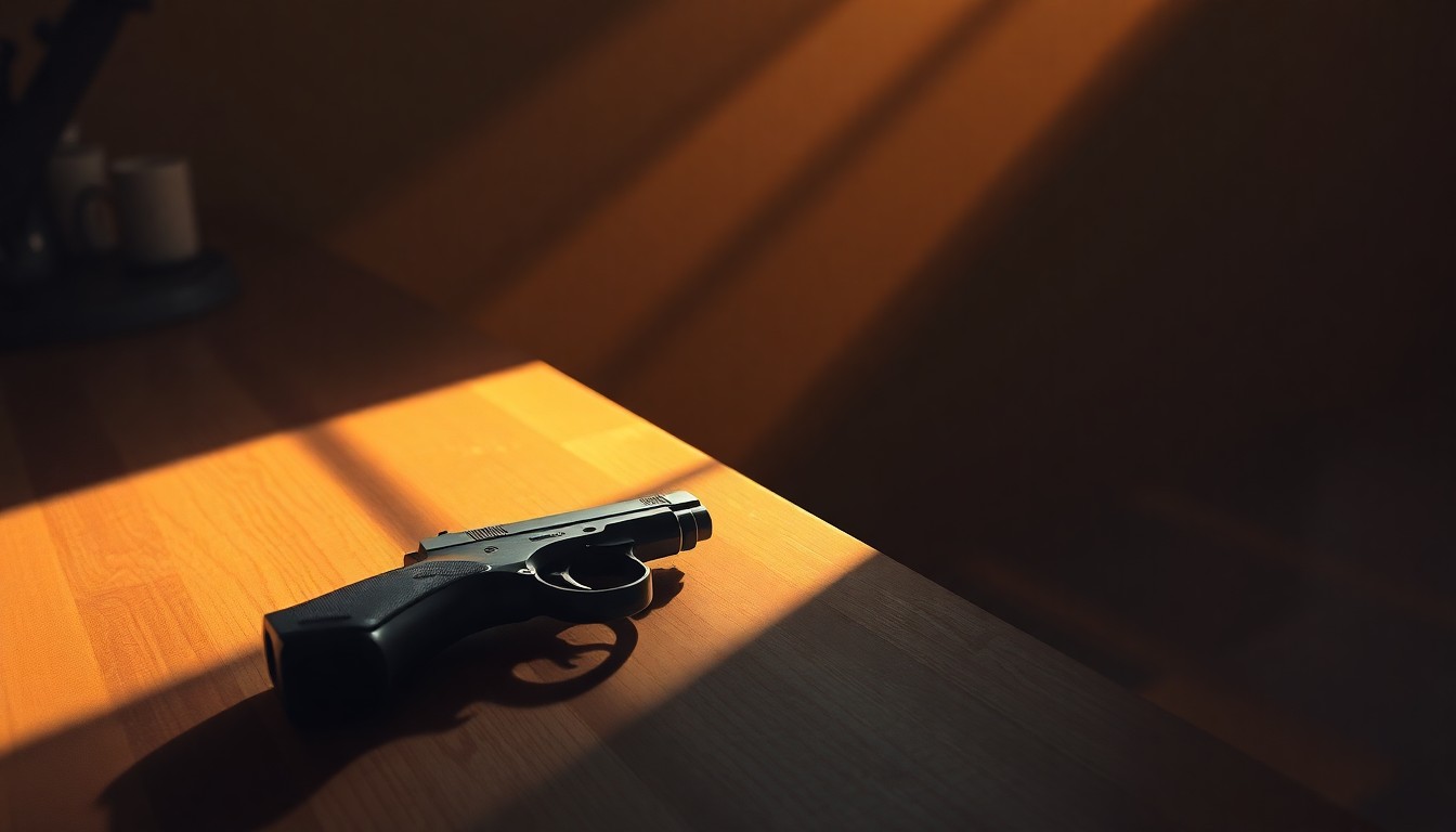 A close-up painting of a handgun resting on a wooden counter, with warm lighting and deep shadows creating a contemplative, cinematic mood that reflects the complex political tensions over gun legislation.