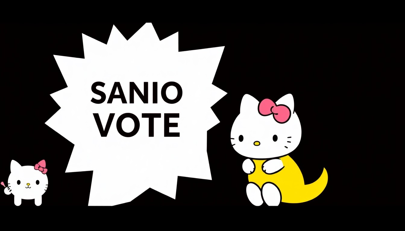 A vibrant, abstract illustration featuring bold, jagged shapes in shades of pink, white, and yellow, conceptually representing the excitement and community of the Sanrio character voting competition.