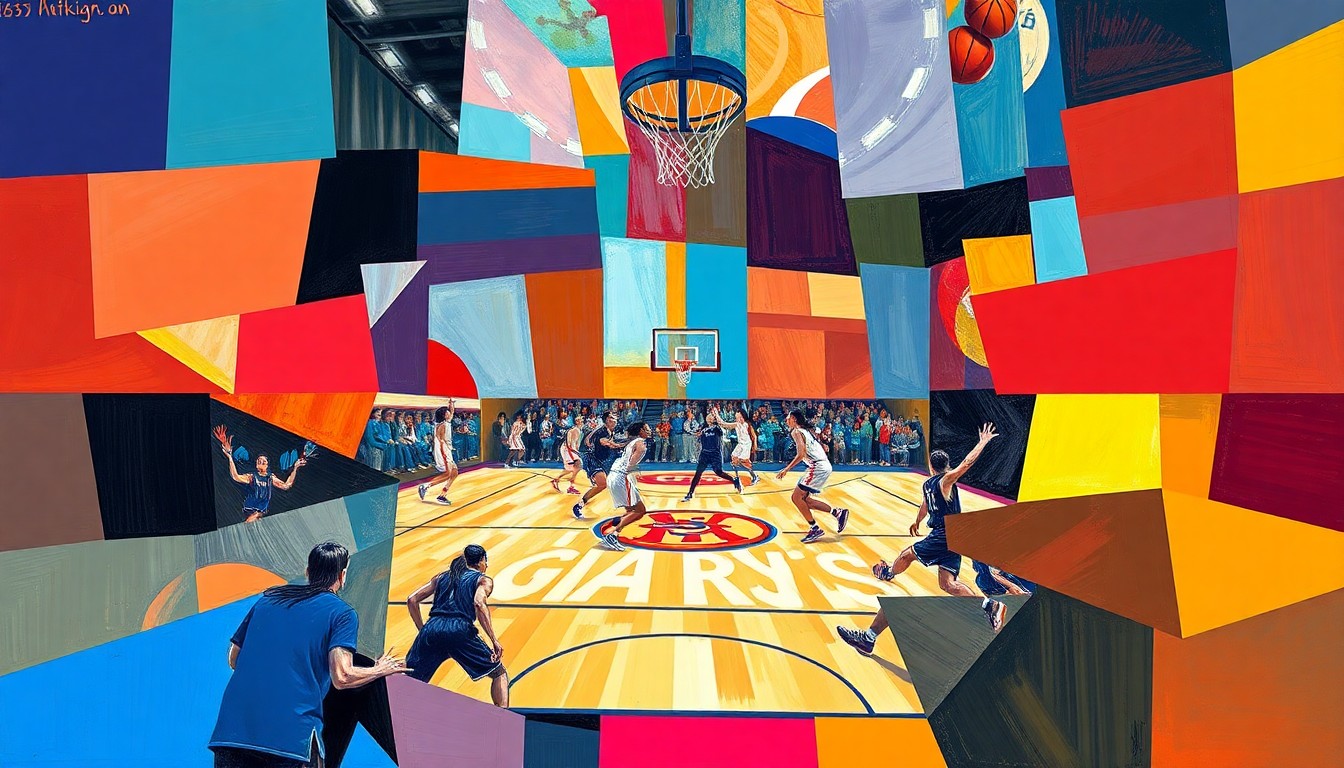 A fractured, cubist-style painting depicting a women's basketball game, with sharp geometric shapes and planes of bright team colors representing the dynamic action and energy of the tournament matchup.