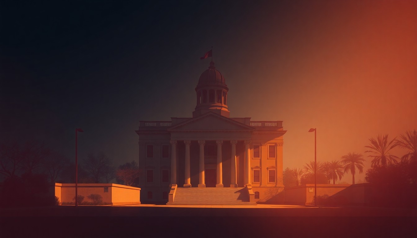 A solitary government building or political office space in a warm, cinematic light, conveying a sense of quiet contemplation around the political decision.