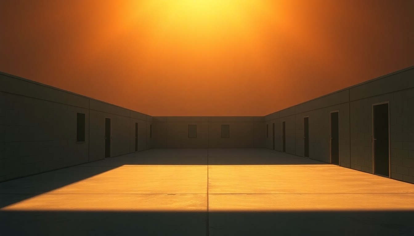 A photorealistic painting of a nondescript, low-slung immigration detention center shrouded in warm, golden light and long shadows, conveying a sense of solitude and melancholy.