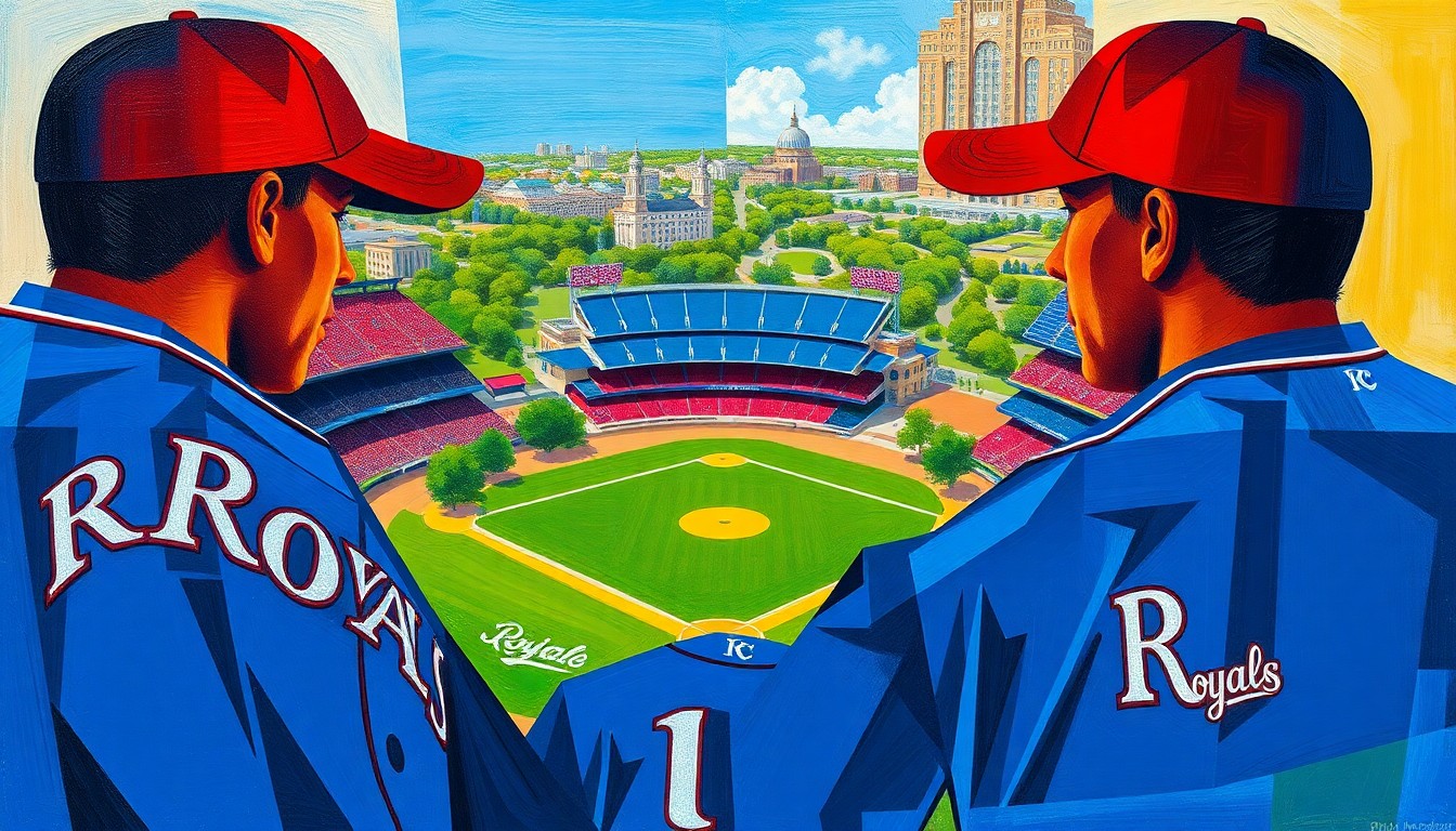 A cubist, geometric painting depicting the proposed Royals stadium overlaid on the existing Washington Square Park, with sharp, angular planes of blue, red, green, and brown conveying the dramatic change to the urban landscape.