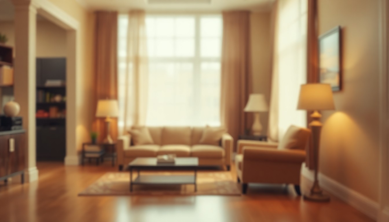 An extremely abstracted, out-of-focus photograph in soft pools of warm color and light, depicting the hazy outline of a couch, armchair, and table lamp in an empty living room, conceptually representing the fading memories and connections made in a beloved local furniture store over the decades.