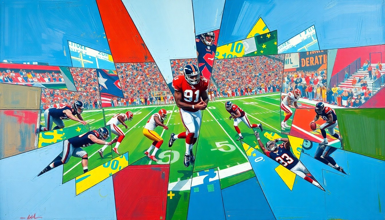 A fragmented, geometric painting in bold colors depicts an abstract football game or draft scene, with sharp planes and angles representing the complex strategic decisions facing the 49ers.