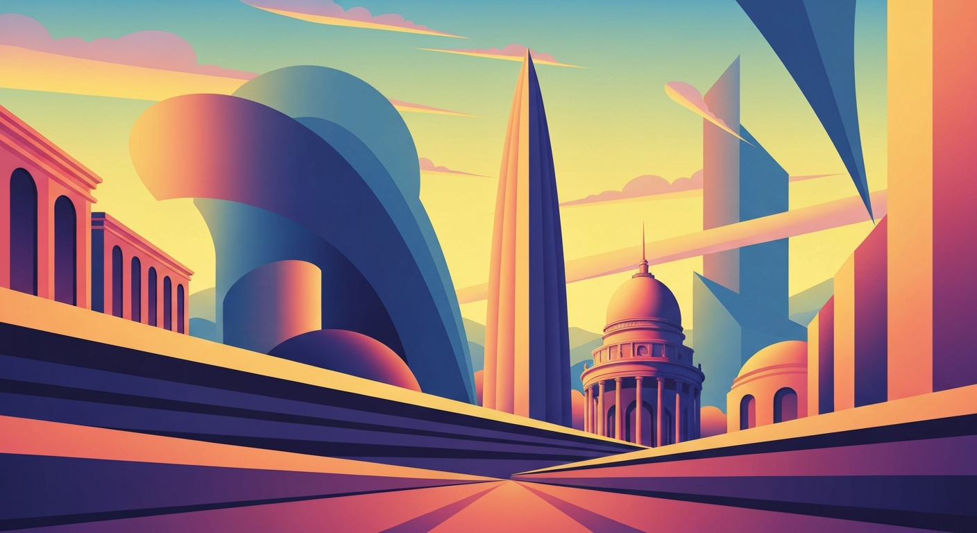 A bold, geometric illustration in the Art Deco style, featuring sweeping, airbrushed gradients and towering architectural forms that evoke the grandeur and romance of travel, without any literal depictions of people, places, or text.