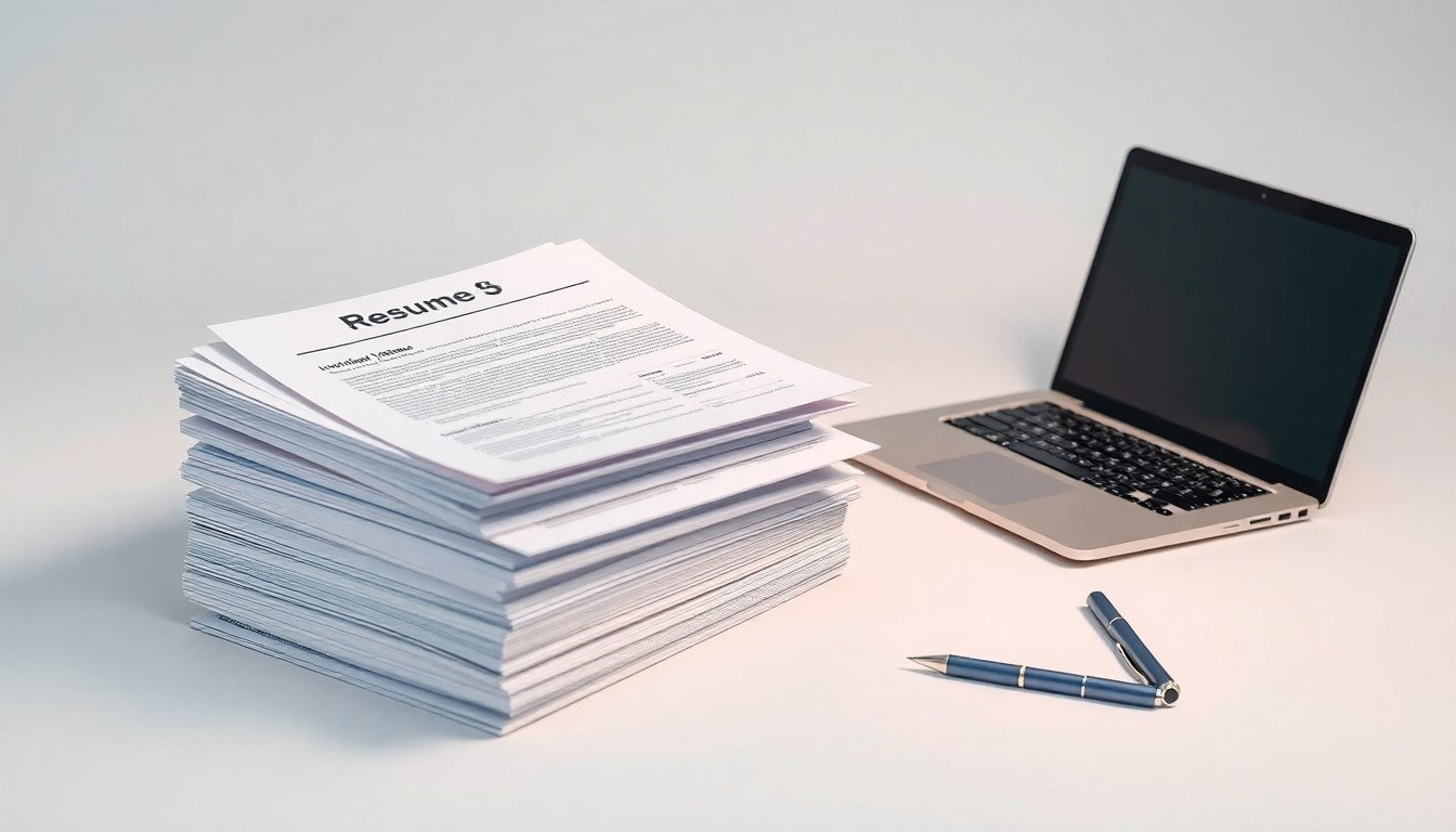 A photorealistic studio still life featuring a stack of neatly organized resumes, a laptop, and a pen on a clean, monochromatic background, symbolizing the data-driven, skills-based hiring practices that SkillsRight helps companies implement.