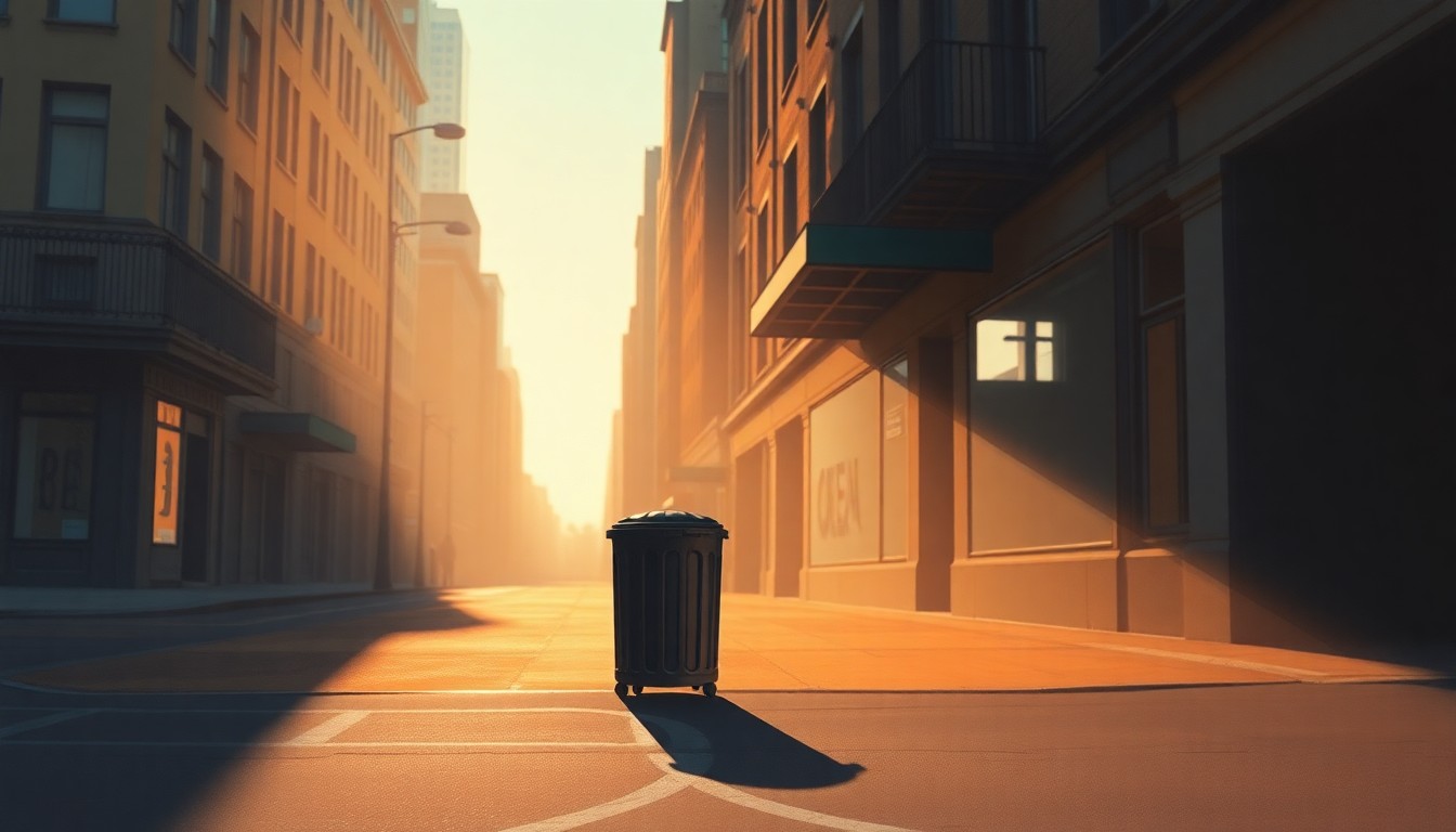 A photorealistic painting of a lone trash can on a quiet city street, with warm sunlight casting deep shadows across the pavement and buildings in the background, creating a contemplative, cinematic mood.