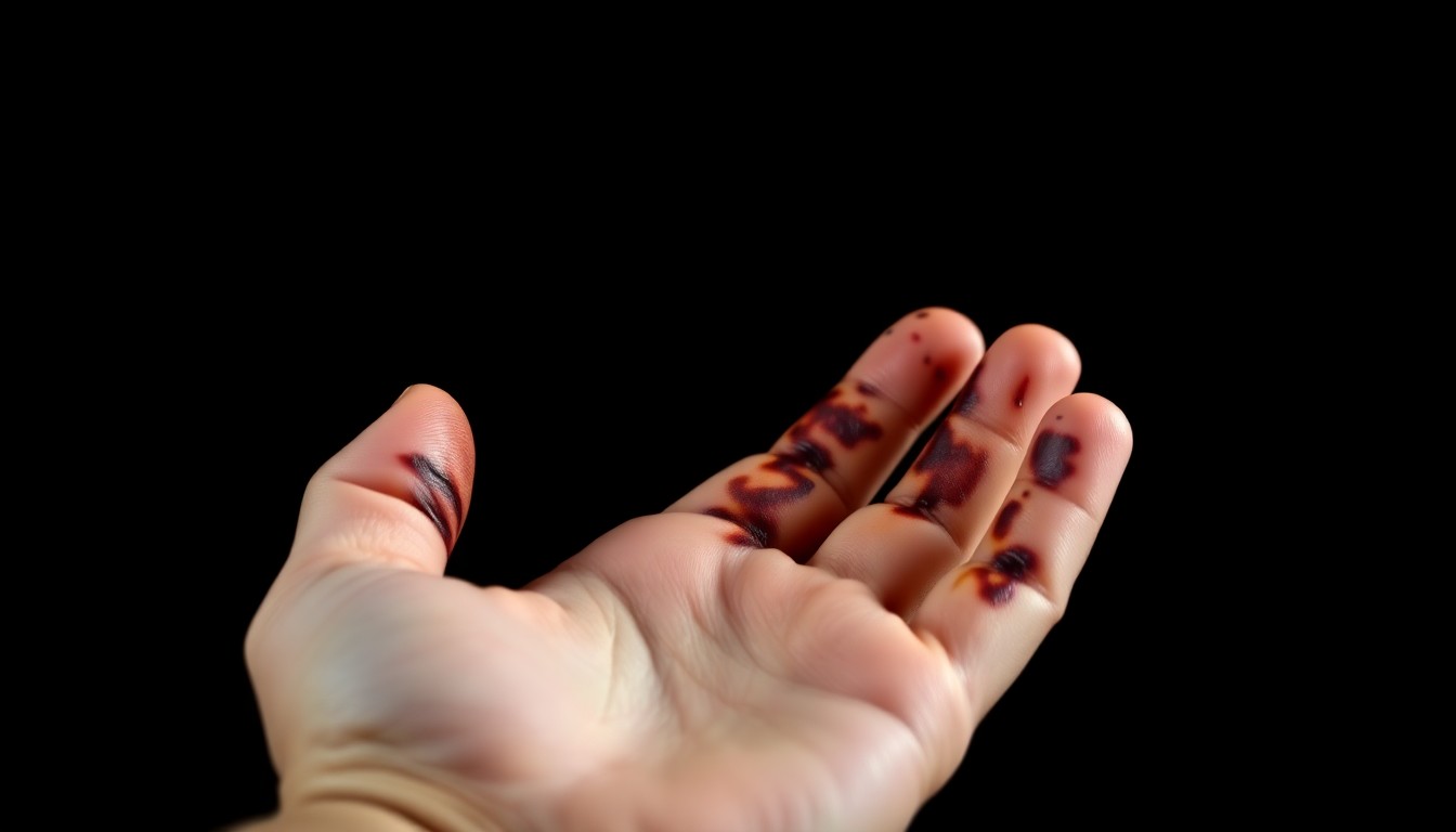 An extreme close-up of a severely burned baby's hand, the harsh flash lighting creating a stark, gritty, investigative aesthetic without any visible text or symbols.