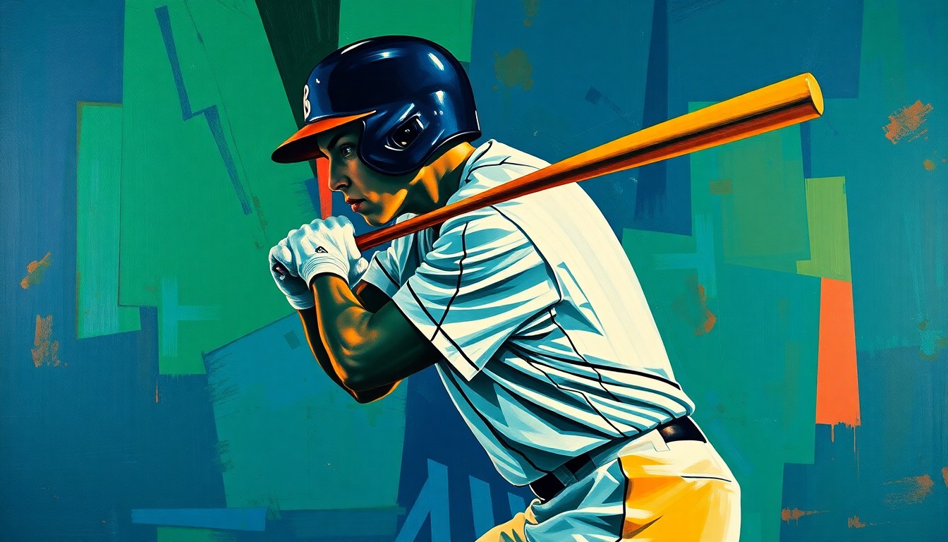 A cubist, geometric painting depicting a baseball player's batting stance and swing broken down into sharp, overlapping planes of navy blue, forest green, and burnt orange, conveying the raw power and energy of the sport.