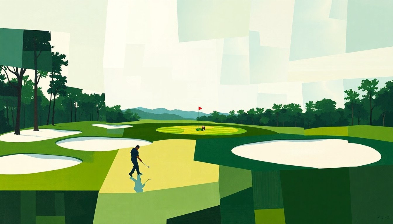 A fragmented, geometric painting depicting the Masters golf tournament, with overlapping shapes and planes of green fairways, white bunkers, and silhouetted players in motion, capturing the dynamic energy of the early rounds.