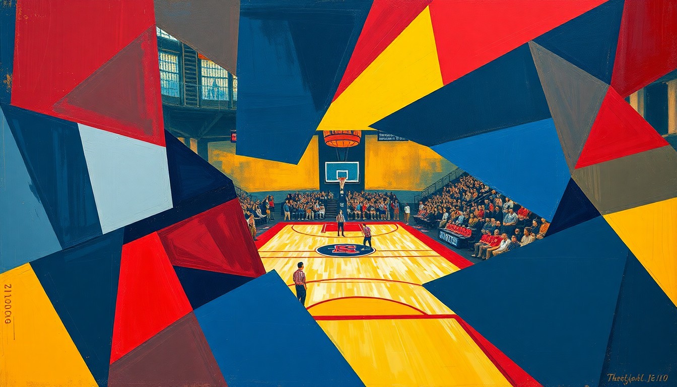 A cubist, geometric painting depicting a fragmented college basketball game, with sharp planes of navy, crimson, and gold representing the dynamic action on the court.