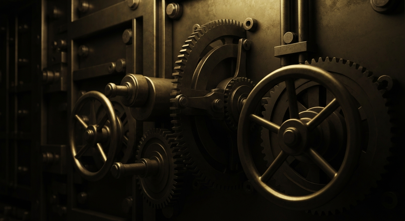 An extreme close-up of the heavy, industrial machinery and mechanisms of a large banking vault, conveying a sense of the company's financial security and stability.