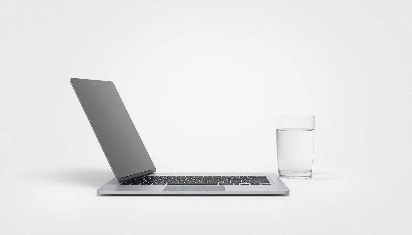 A minimalist studio photograph featuring a metallic laptop, a security key, and a glass of water arranged on a clean white background, symbolizing the intersection of technology and cybersecurity in the enterprise software industry.