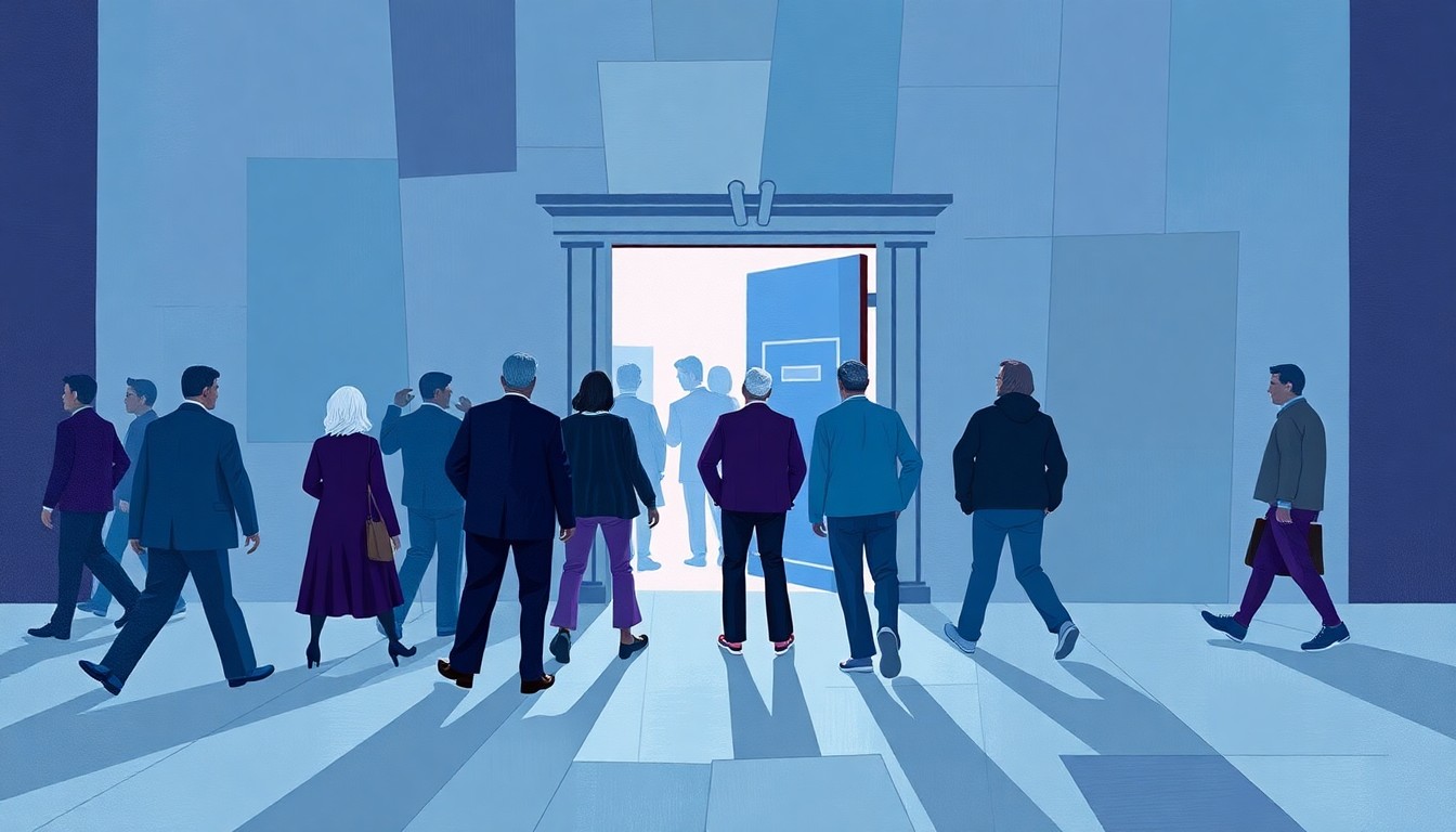 A fractured, geometric painting depicting a group of people entering or exiting a nondescript building, representing the tension and movement around the debate over legalizing adult bathhouses in Minneapolis.
