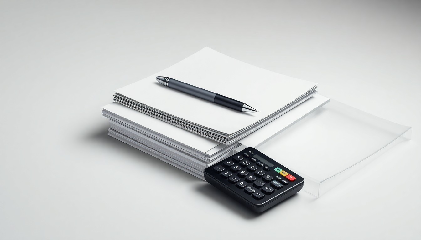 A minimalist studio still life featuring a stack of neatly organized office supplies and documents, symbolizing the corporate strategy and finance challenges facing Disney as it undergoes a major restructuring.