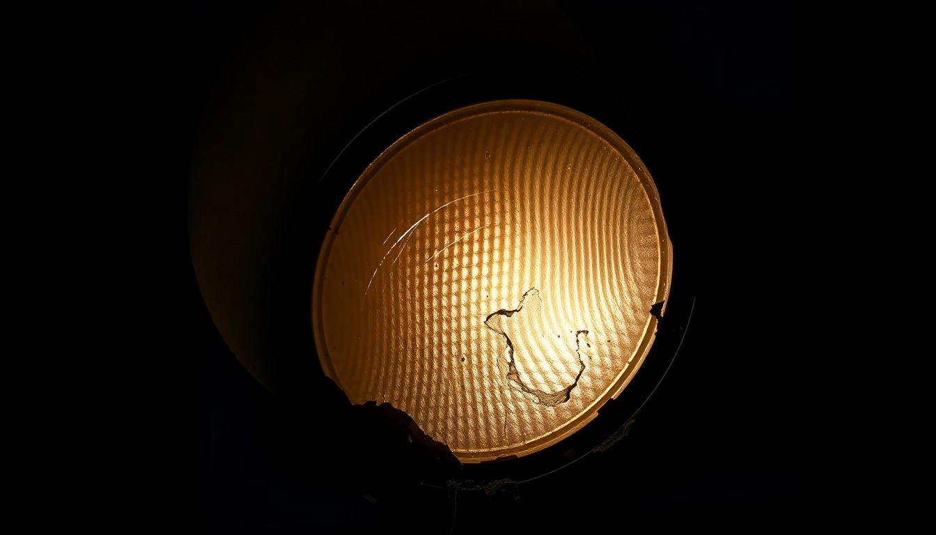 An extreme close-up of a damaged traffic signal light lens, partially obscured by debris, against a pitch-black background, creating a stark, gritty aesthetic that conceptually represents the aftermath of a fatal pedestrian collision.