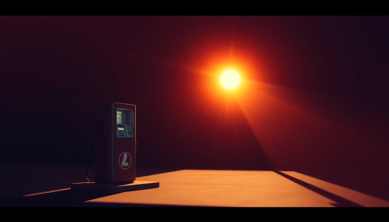 A photorealistic painting of a lone gas pump on a quiet street, the pump's chrome and glass surfaces reflecting the warm glow of the afternoon sun, conceptually representing the financial burden of high fuel prices on local communities.