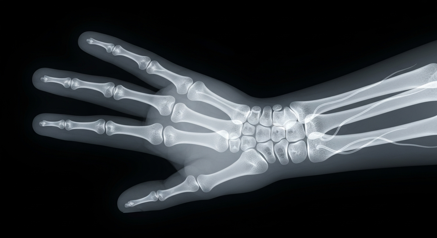 A ghostly, translucent X-ray image of a human hand, the bones and veins glowing against a dark background, conceptually representing the tension between personal health data and workplace privacy.