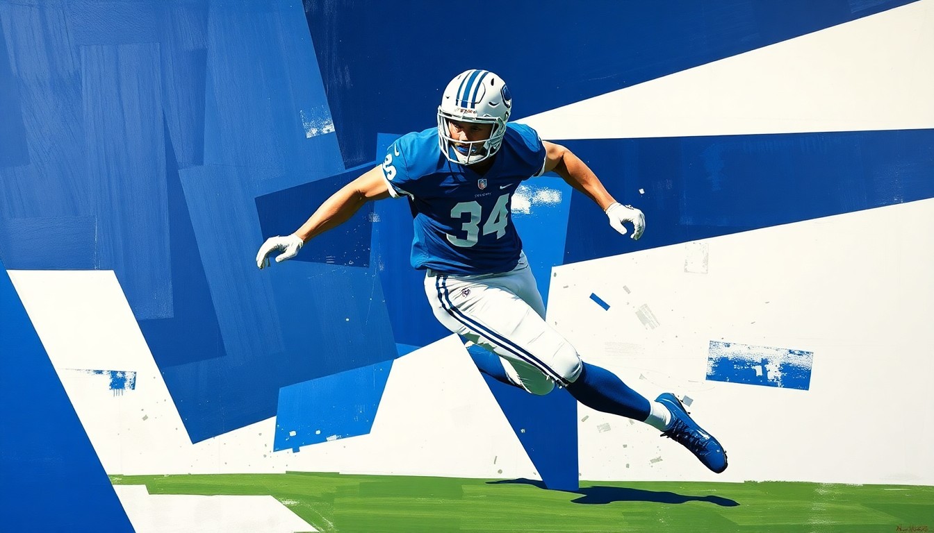 A cubist-style painting depicting a football player in motion, with their body broken down into sharp, overlapping geometric shapes in shades of blue, conceptually representing the versatility and potential impact of the player.