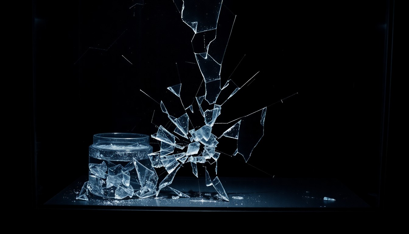 An extreme close-up photograph of shattered glass from a jewelry display case, the harsh flash illuminating the jagged edges and creating a stark, gritty mood that conceptually represents the violence of the robbery.