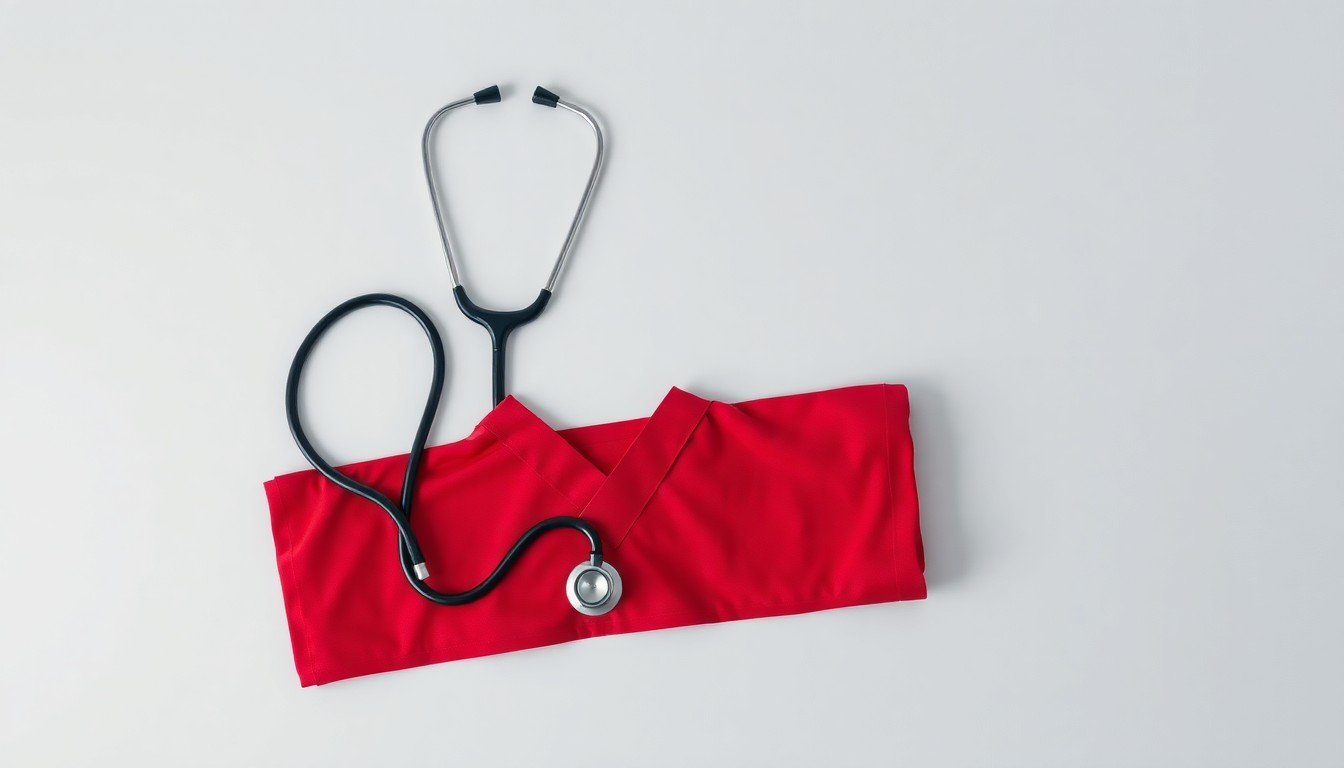 A minimalist studio still life photograph featuring a stethoscope, nurse's badge, and red scrub top arranged elegantly on a clean white background, conceptually representing the fight for healthcare workers' rights.