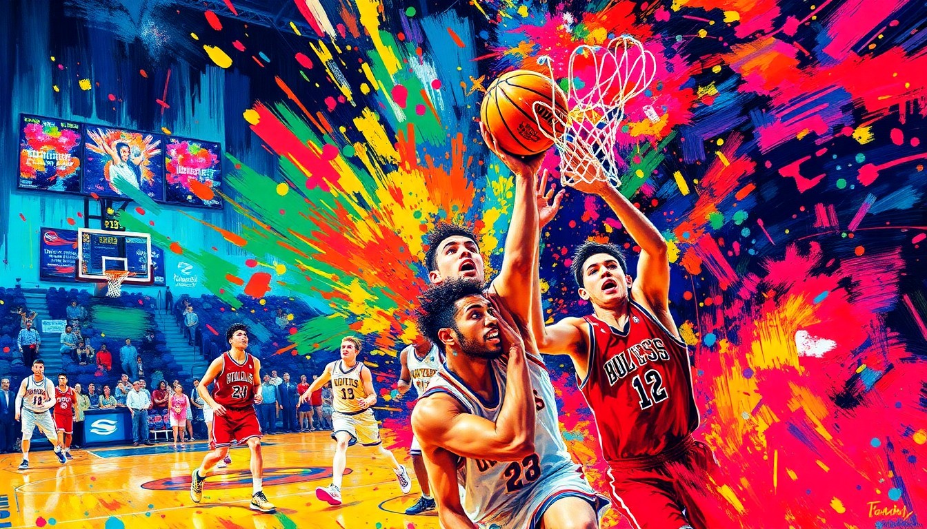An abstract, energetic painting in neon colors depicting the movement and intensity of a high school basketball game, with players' forms dissolving into expressive brushstrokes.