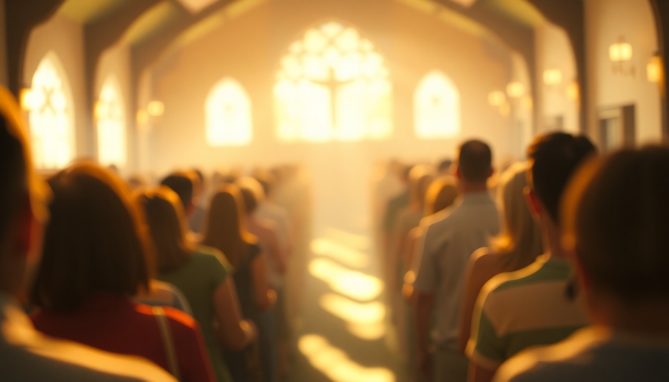 An abstract, impressionistic scene of people gathered in a church, with soft, blurred edges and warm, glowing colors creating a sense of intimacy and reflection.