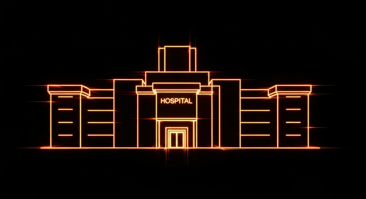A glowing neon outline of a hospital building, the lines pulsing with energy to convey the high volume of patients and activity at the facility.
