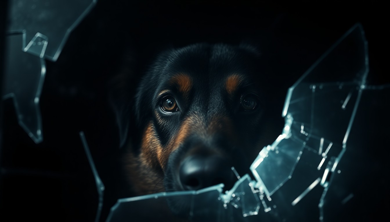 An extreme close-up photograph of a shattered window glass with a faint reflection of a German Shepherd dog's eye, creating a stark, gritty, investigative aesthetic.