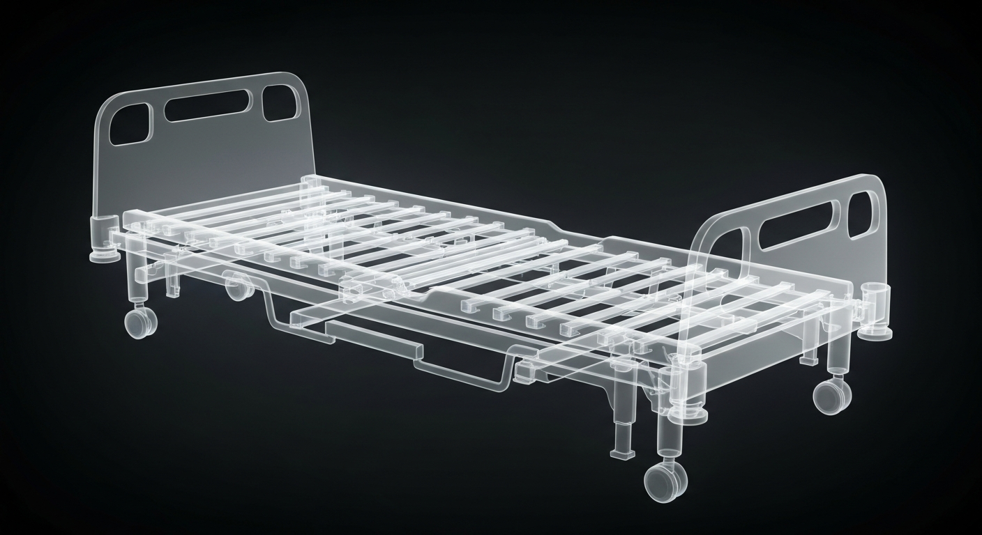 A ghostly, translucent X-ray photograph of a hospital bed frame, with glowing lines revealing the intricate internal structure, conceptually illustrating a healthcare facility's focus on quality and patient care.