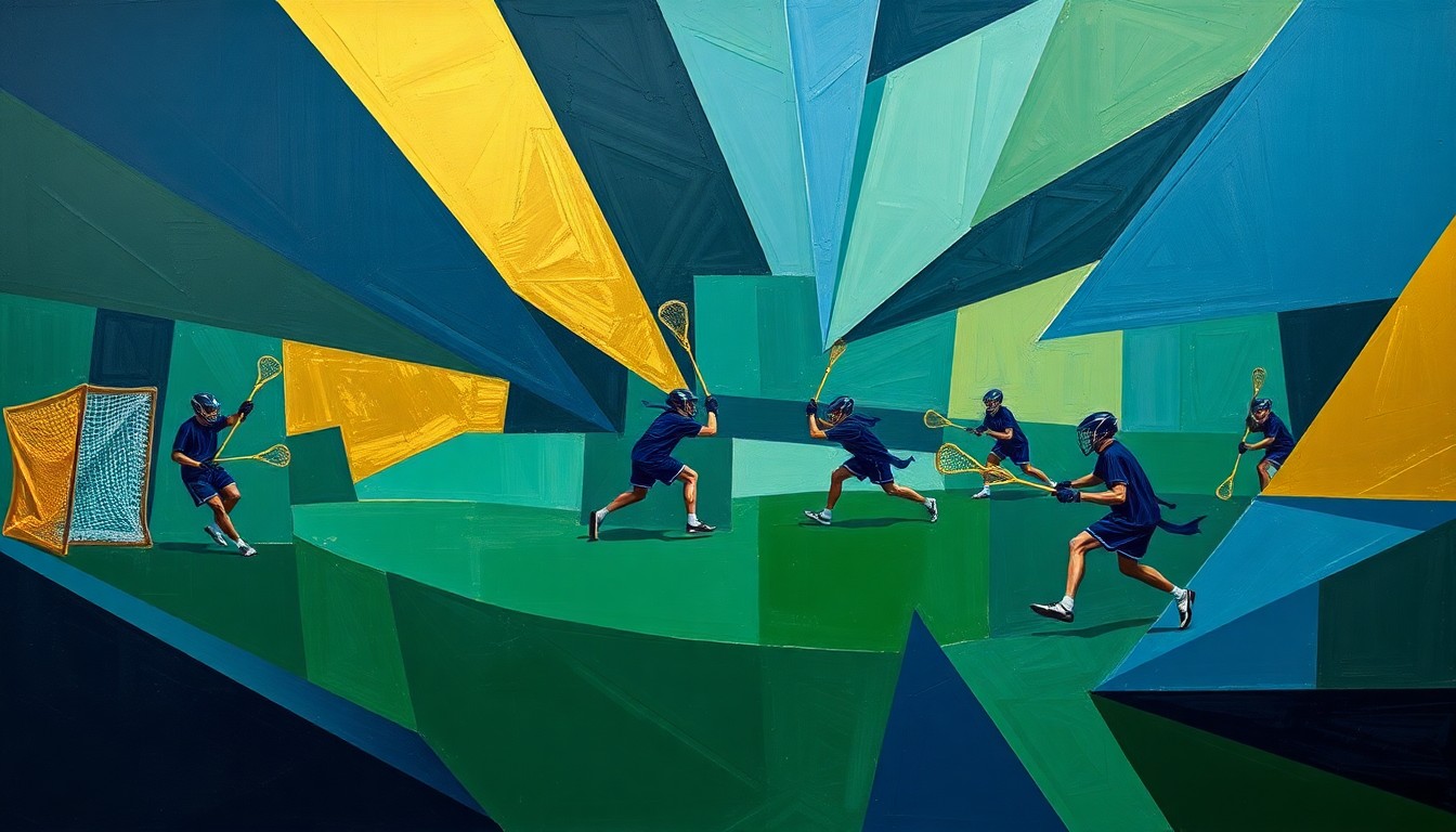 A cubist, geometric painting depicting a lacrosse game in progress, with the players and field broken down into sharp, overlapping planes of navy blue, forest green, and gold.