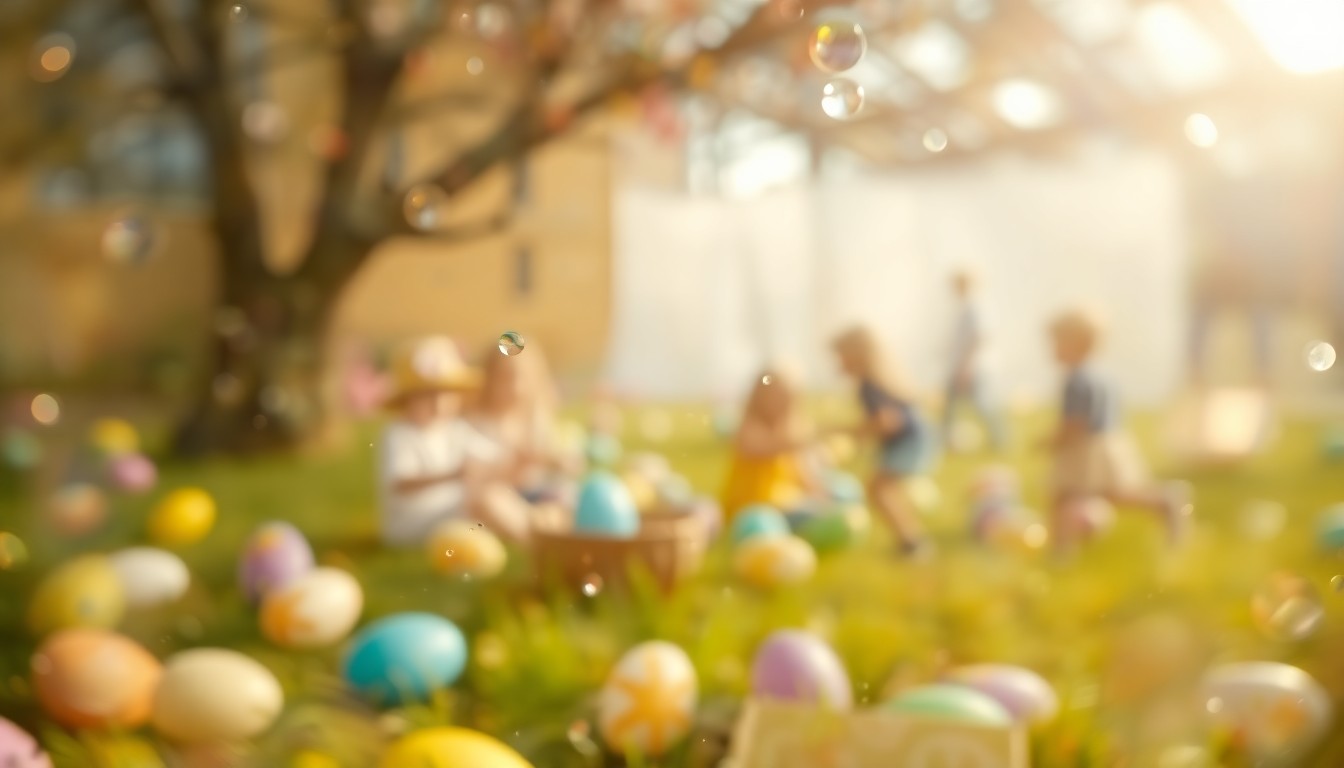 An abstract, impressionistic photograph of an Easter egg hunt scene, with blurred figures and colorful eggs in a soft, hazy light.