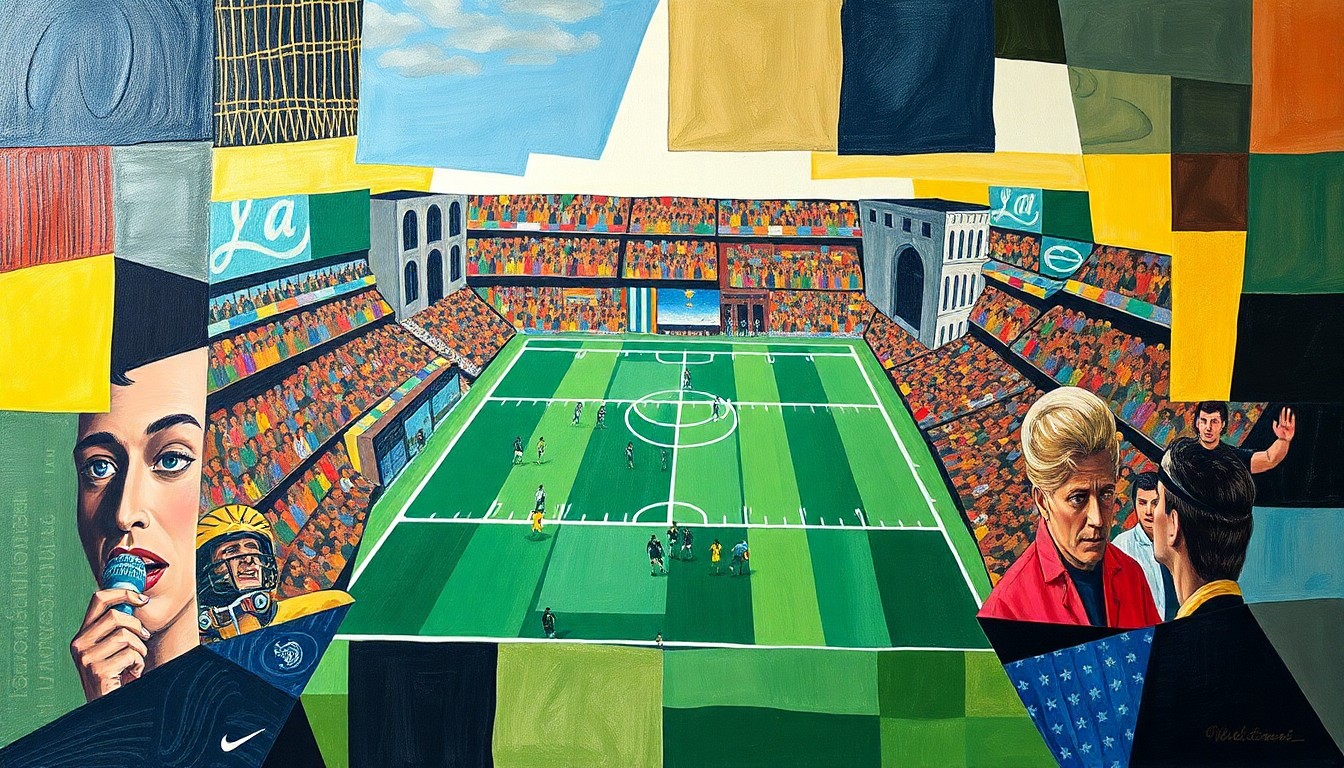 A cubist, geometric painting depicting a fragmented football field with players and equipment rendered in sharp, overlapping shapes and planes, capturing the strategic focus on the offensive and defensive lines.