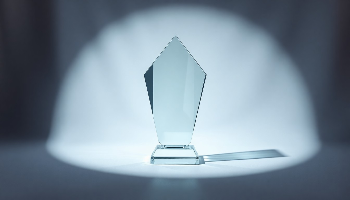 A photorealistic studio still-life image of a polished, geometric glass trophy or award, illuminated by dramatic studio lighting and cast against a clean, monochromatic background, representing the accolades and achievements of Donna Tweeten during her trailblazing career at Hy-Vee.