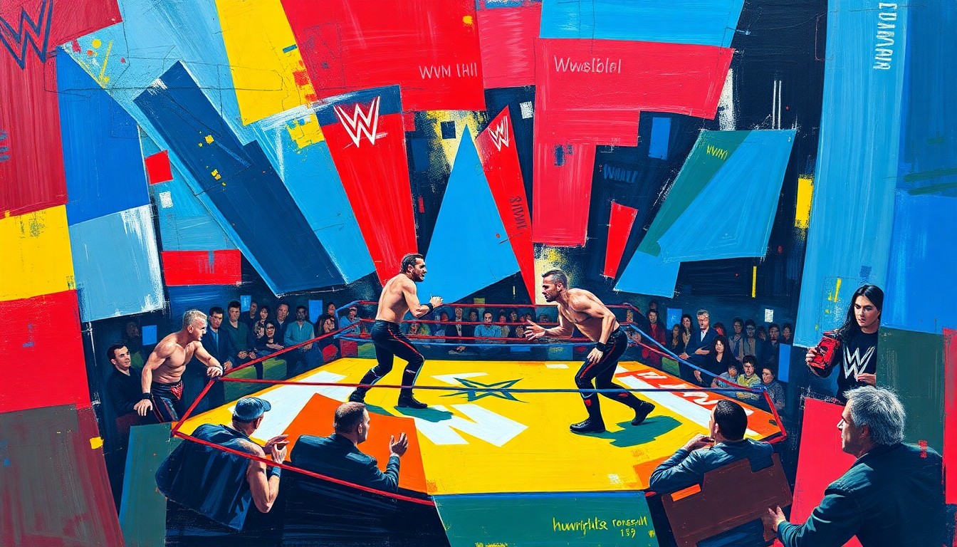 A fractured, multi-perspective painting featuring sharp, overlapping geometric shapes and planes in vibrant colors, conceptually representing the raw energy and intensity of a WWE wrestling match.