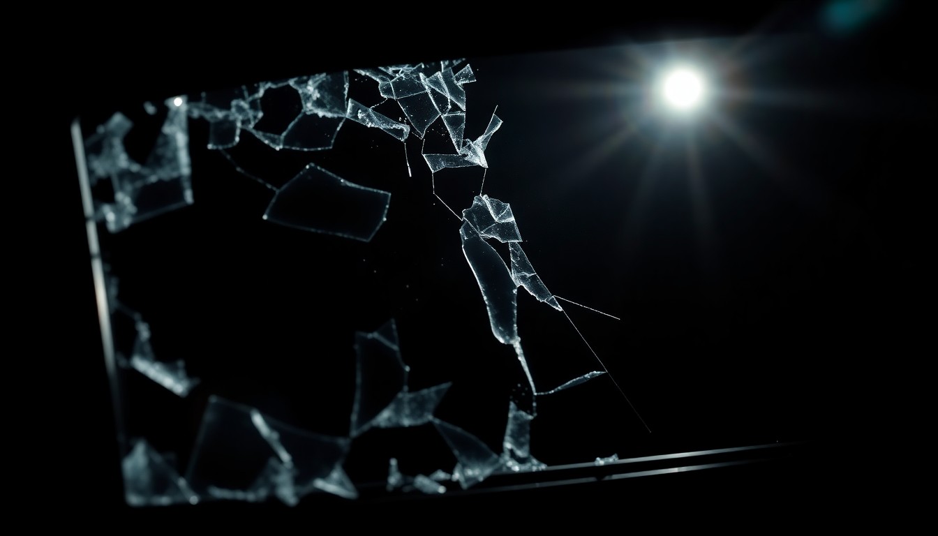 An extreme close-up photograph of shattered glass, with dramatic shadows and highlights created by a harsh camera flash, conceptually representing the chaos and danger of the Killeen Mall incident.