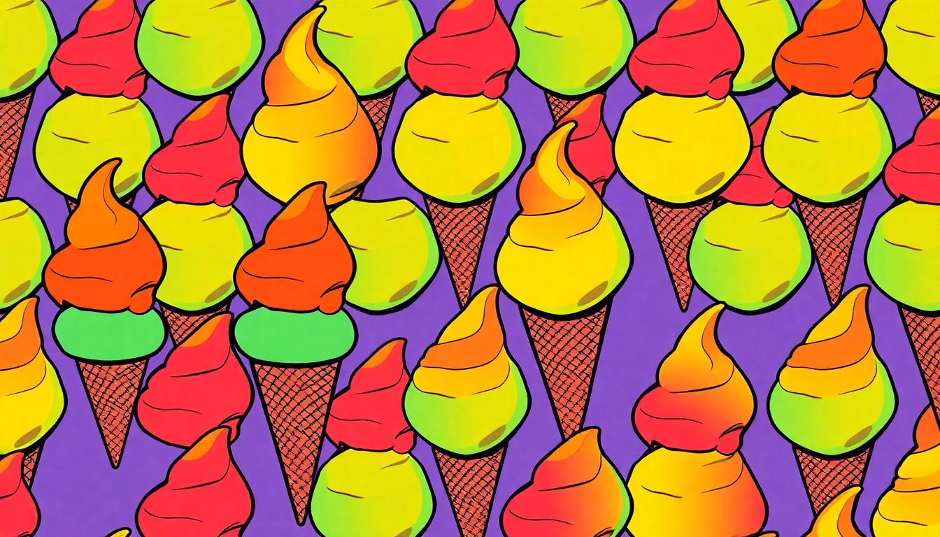 A vibrant, high-contrast silkscreen print of a single, iconic ice cream cone repeated in a grid pattern, capturing the celebratory energy of a new local business opening.