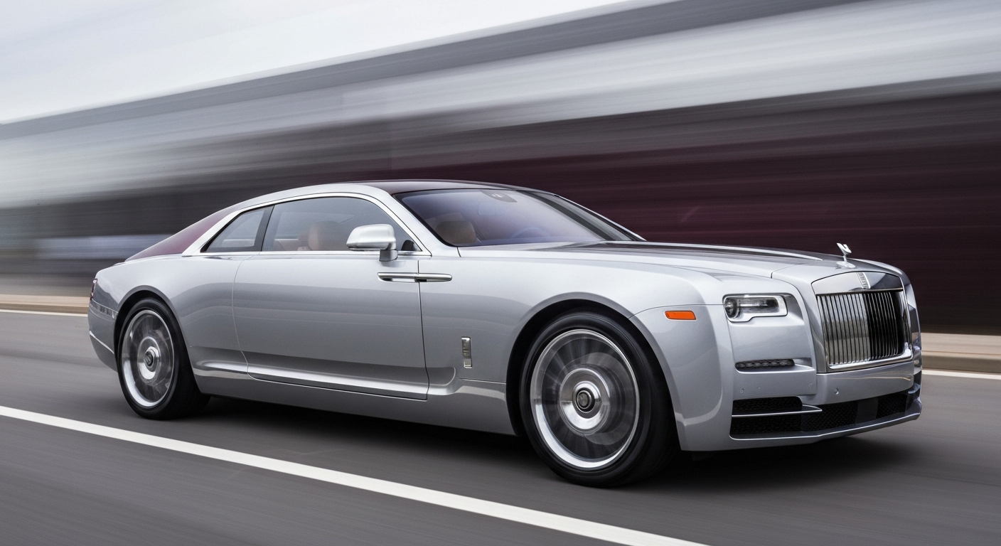 An abstract, blurred photograph showing the sweeping motion of a Rolls-Royce concept car, with streaks of silver, chrome, and deep burgundy conveying a sense of speed and innovation.