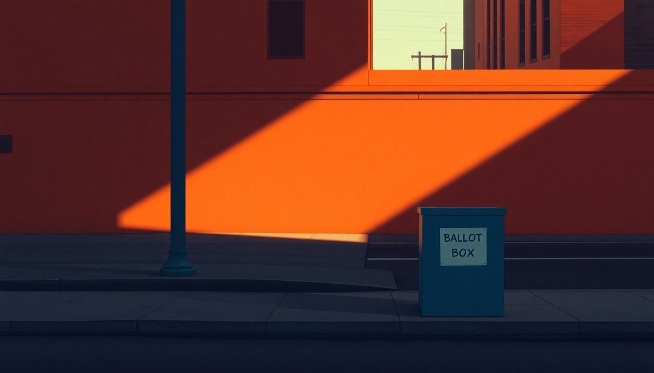 A close-up view of an old-fashioned metal ballot box sitting alone on a deserted urban street corner, the box's surface reflecting the warm glow of the sun's rays cutting through the deep shadows, evoking a sense of solemnity and civic duty.
