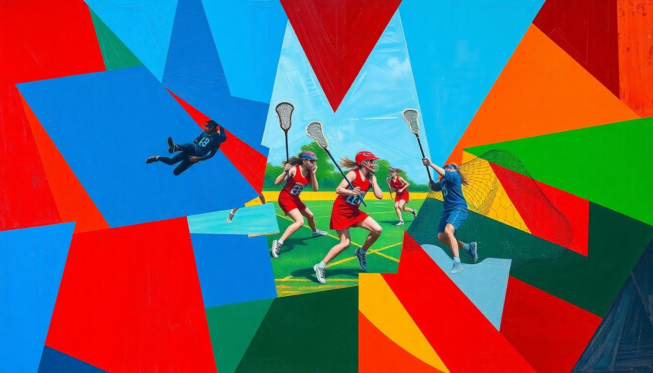 A cubist, geometric painting in shades of red, blue, and green, depicting the dynamic movements and energy of a girls lacrosse game in an abstract, deconstructed style.