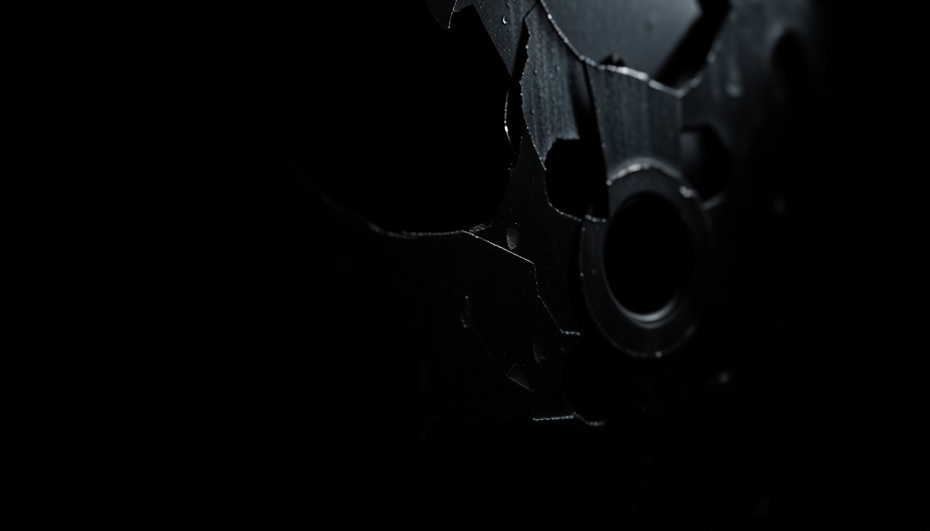 An abstract, high-contrast close-up photograph of a damaged, textured film reel, evoking the moody, shadowy aesthetic of classic noir cinema.