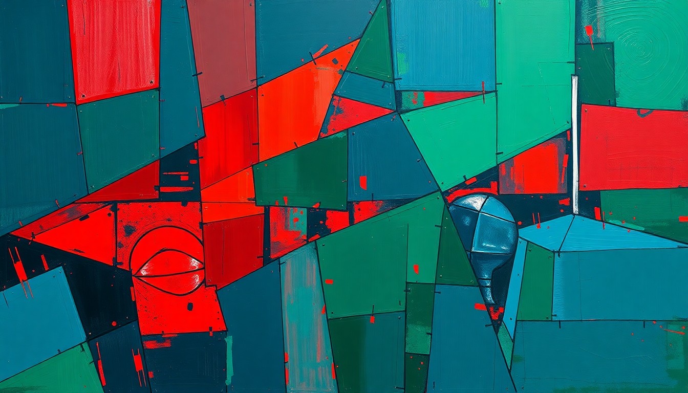 A cubist, geometric painting depicting a basketball game or match, with sharp, overlapping planes of navy, green, and red conveying the dynamic energy and tension of the Hawks' playoff push.