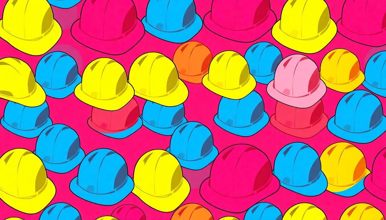 A brightly colored, high-contrast silkscreen print of a construction hard hat repeated in a tight grid pattern, conceptually representing the diverse career opportunities available through Blue Ridge's construction training program.