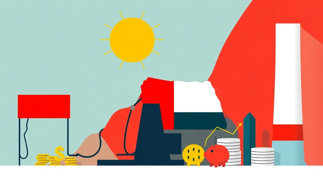 A geometric abstract illustration using bold shapes and primary colors to conceptually represent the economic impact of elevated fuel prices and geopolitical uncertainty in the Middle East.