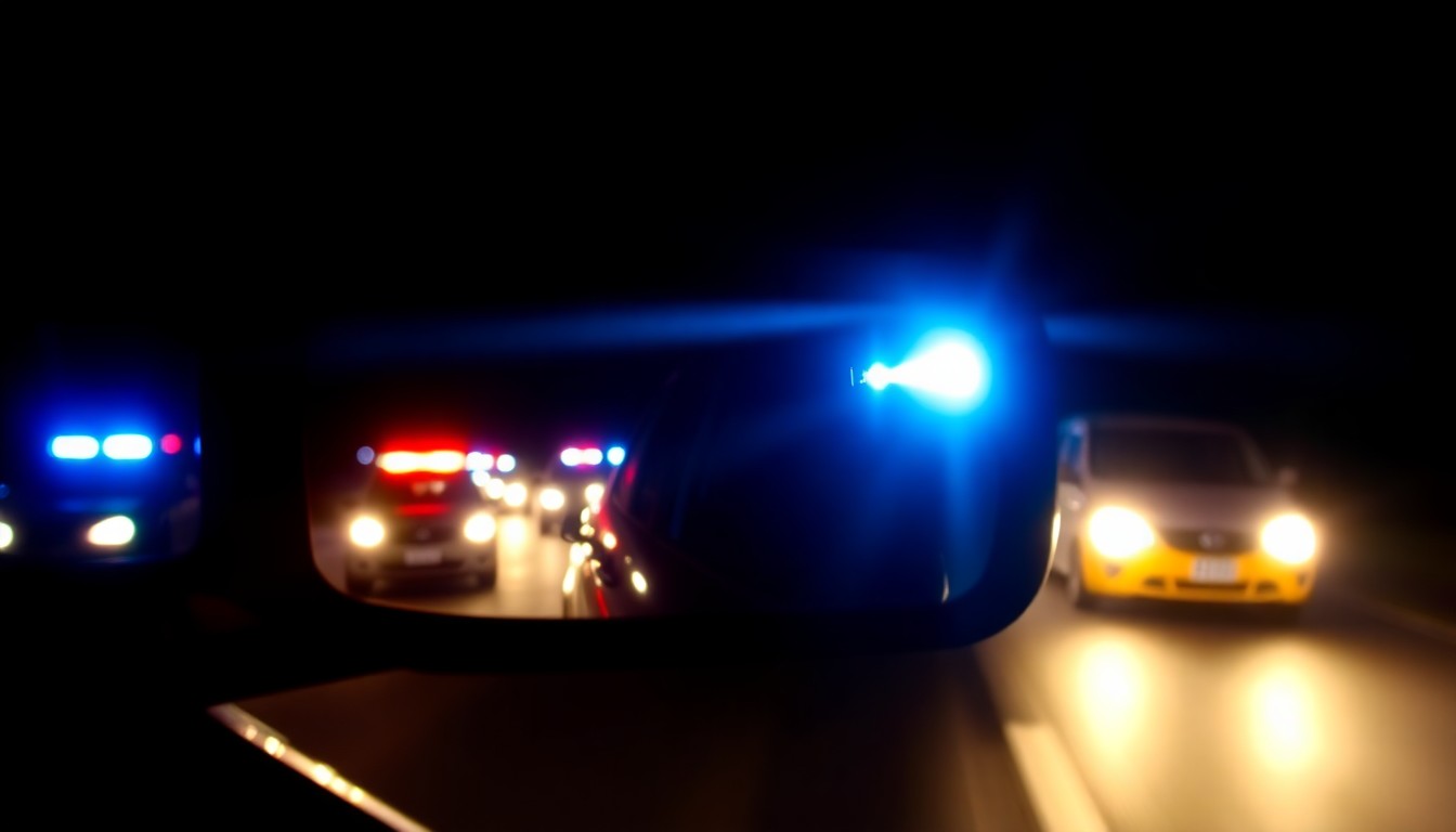 An extreme close-up photograph of a police car sideview mirror reflecting the blurred silhouettes of other emergency vehicles, creating a stark, gritty, investigative aesthetic.