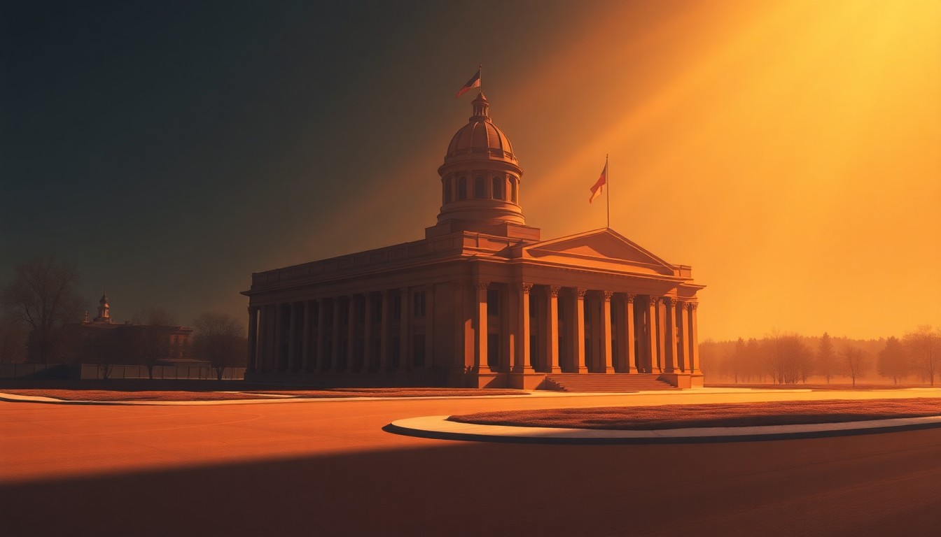 A serene, painterly image of the Wyoming state capitol building in Cheyenne, with the structure bathed in warm, golden light and surrounded by deep shadows, conveying a sense of quiet contemplation about the state's political landscape.