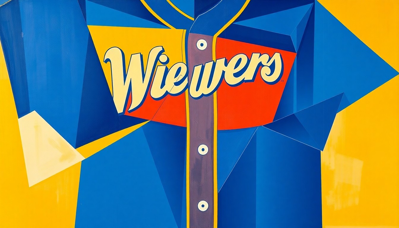 A fractured, geometric painting in bright blue, cream, and sunset gradient colors, conceptually representing the Brewers' new 'Wisco Way' City Connect uniform design.